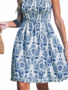 Blue and white damask print smocked strapless mini tube dress Sz Large NWT!‎
